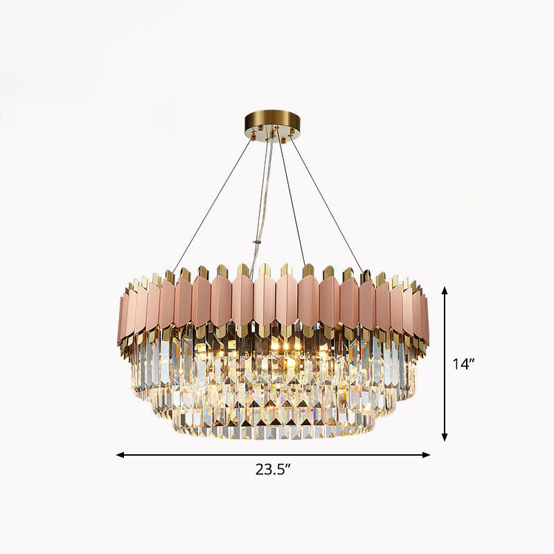 Tiered Round Chandelier Pendant Light Contemporary Prismatic Crystal Living Room Hanging Light in Pink Pink 23.5