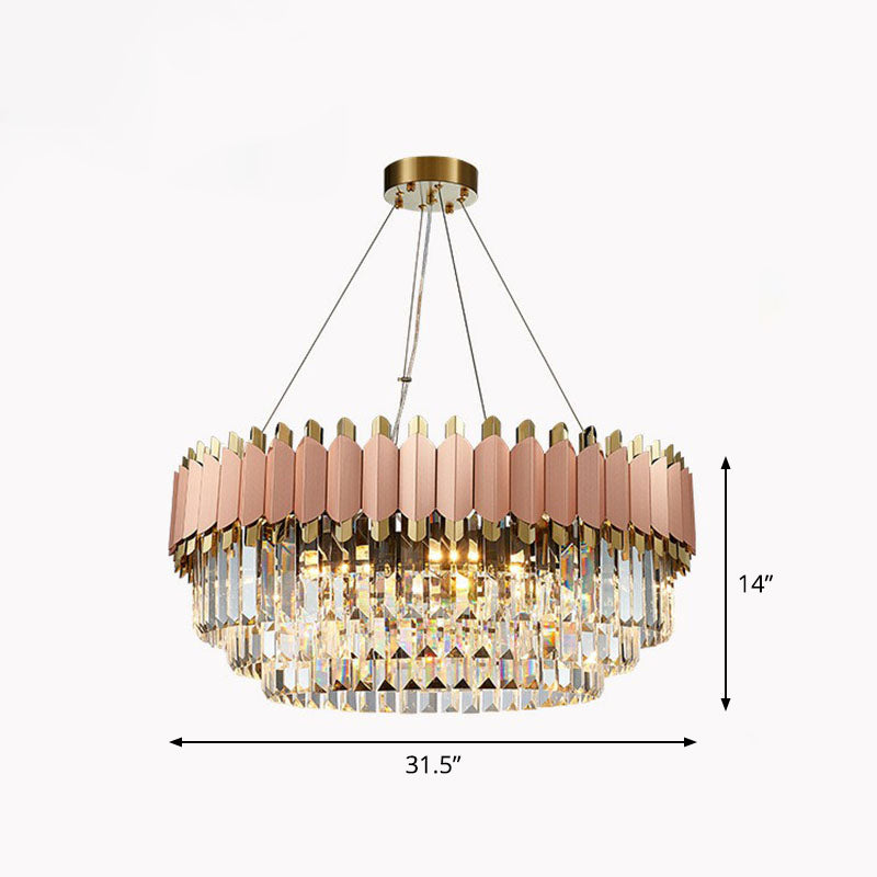 Tiered Round Chandelier Pendant Light Contemporary Prismatic Crystal Living Room Hanging Light in Pink Pink 31.5