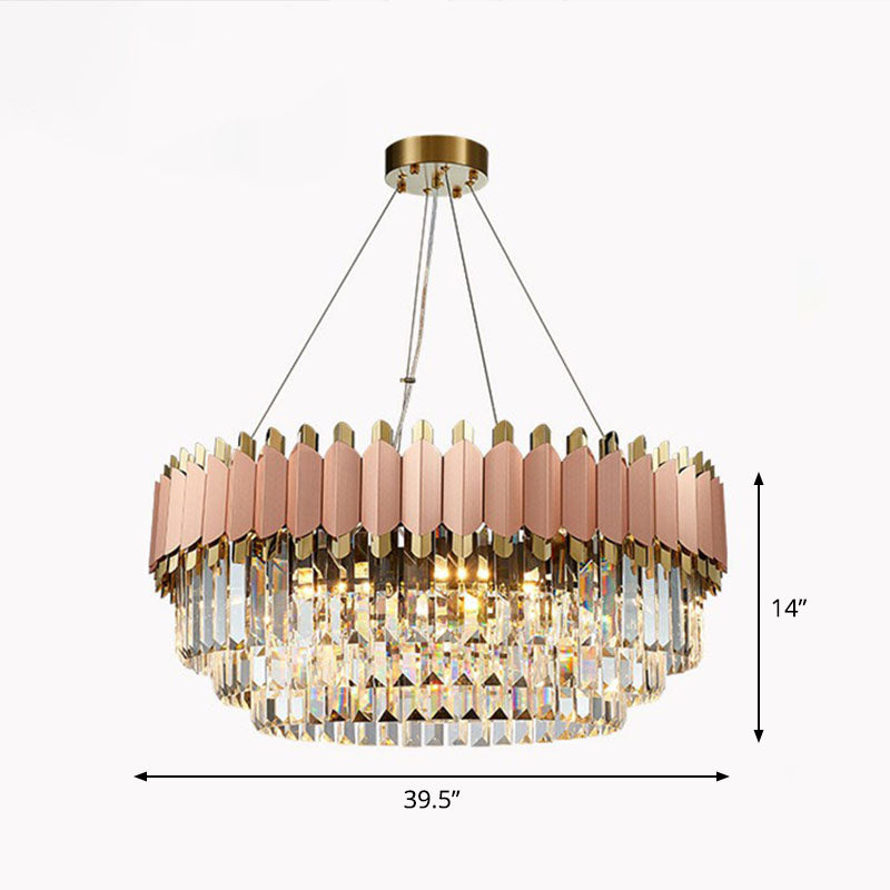 Tiered Round Chandelier Pendant Light Contemporary Prismatic Crystal Living Room Hanging Light in Pink Pink 39.5