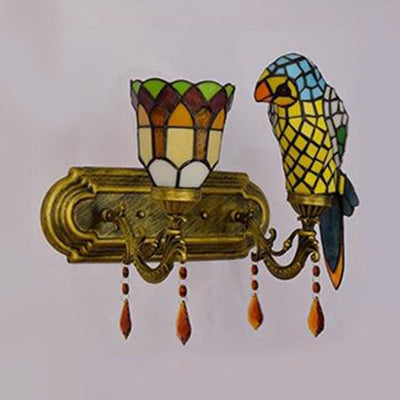 Lodge Style Parrot Wall Lighting Stained Glass 2 Heads Wall Sconce with Amber Crystal in Red/Blue Clearhalo 'Industrial' 'Middle century wall lights' 'Tiffany wall lights' 'Tiffany' 'Wall Lamps & Sconces' 'Wall Lights' Lighting' 22558