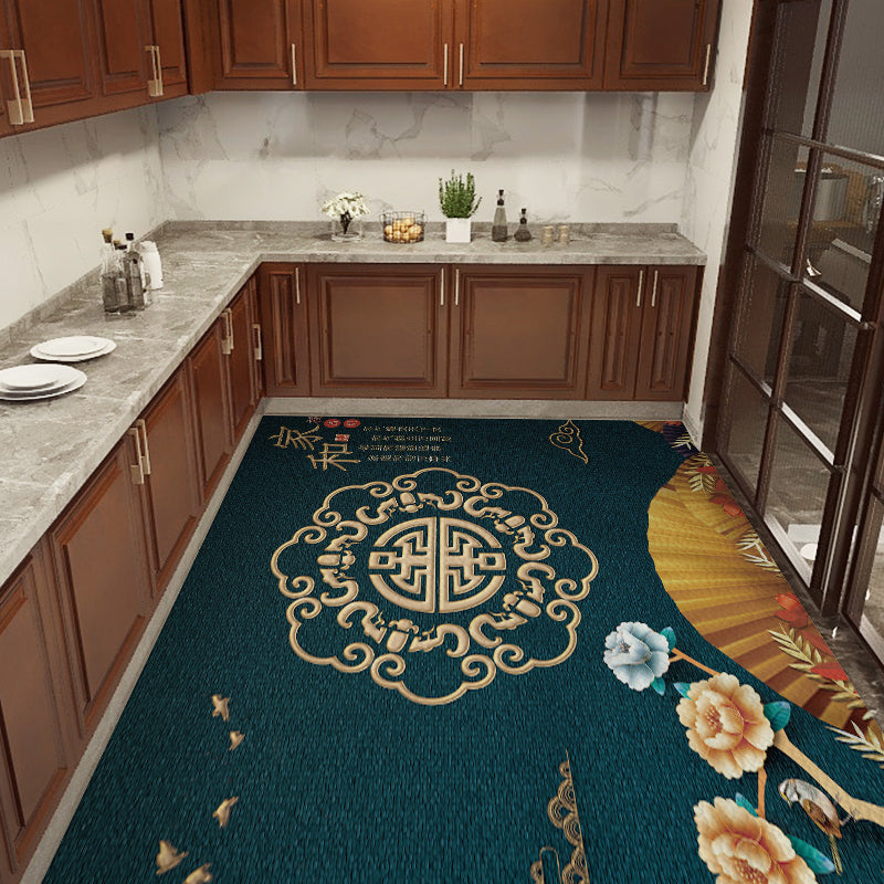 Chinoiserie Kitchen Rug Multicolor Print Rug Polypropylene Waterproof Stain Resistant Anti-Slip Rug Blackish Green Clearhalo 'Area Rug' 'Rug' 2256757