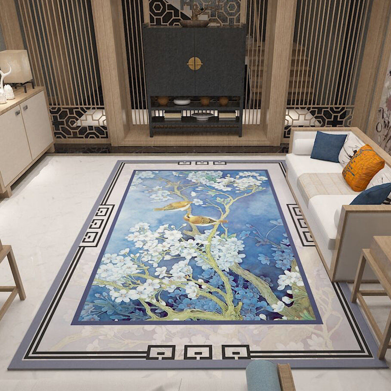 Chic Bird and Flower Rug Multi Color Asian Carpet Polyester Non-Slip Backing Pet-Friendly Washable Rug for Family Room Sky Blue Clearhalo 'Area Rug' 'Rug' 2256856