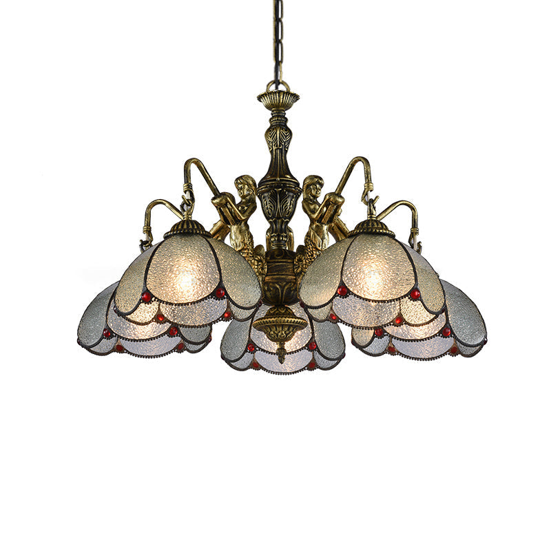 Bronze Scalloped Flower Chandelier Light Tiffany Style Ripple Glass Pendant Light Fixture 5 Bronze Clearhalo 'Ceiling Lights' 'Chandeliers' 'Industrial' 'Middle Century Chandeliers' 'Pendant Lights' 'Tiffany Chandeliers' 'Tiffany close to ceiling' 'Tiffany' Lighting' 2265769