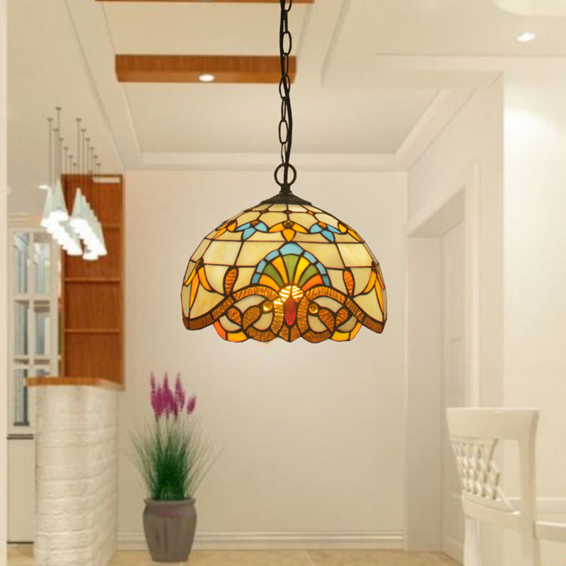 Beige 1 Head Suspension Light Antique Stained Glass Flower Shade Pendant Lighting Fixture Beige 12