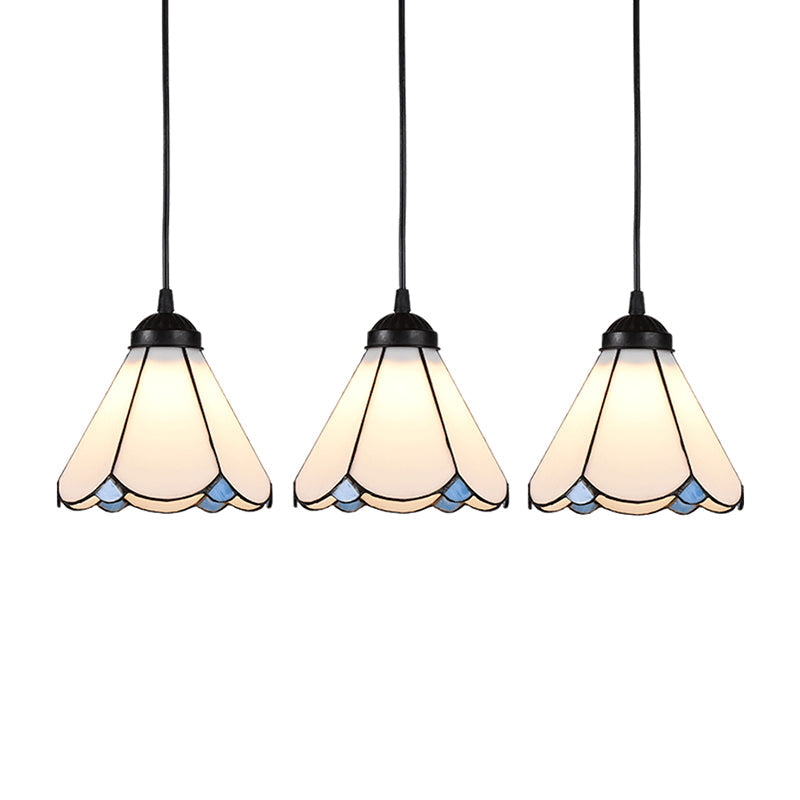 Cone Multi Ceiling Light 3 Bulbs White Glass Tiffany Style Suspension Lighting with Scalloped Edge Clearhalo 'Ceiling Lights' 'Industrial' 'Middle Century Pendants' 'Pendant Lights' 'Pendants' 'Tiffany close to ceiling' 'Tiffany Pendants' 'Tiffany' Lighting' 2265823