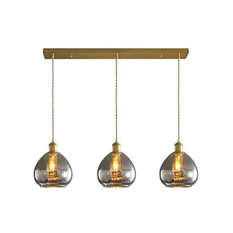 Teardrop Shaped Glass Cluster Pendant Post-Modern 3 Lights Brass Finish Hanging Lamp Smoke Gray Linear Clearhalo 'Ceiling Lights' 'Modern Pendants' 'Modern' 'Pendant Lights' 'Pendants' Lighting' 2266030