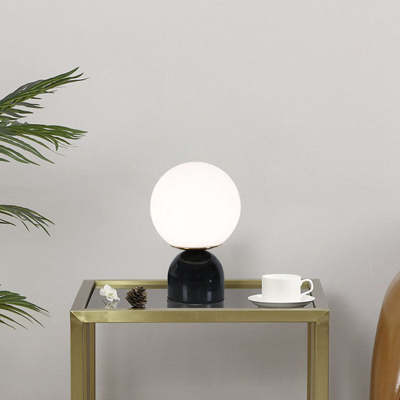 Globe White Glass Nightstand Light Nordic 1 Head Table Lamp with Dome Marble Base Black Clearhalo 'Lamps' 'Table Lamps' Lighting' 2266158