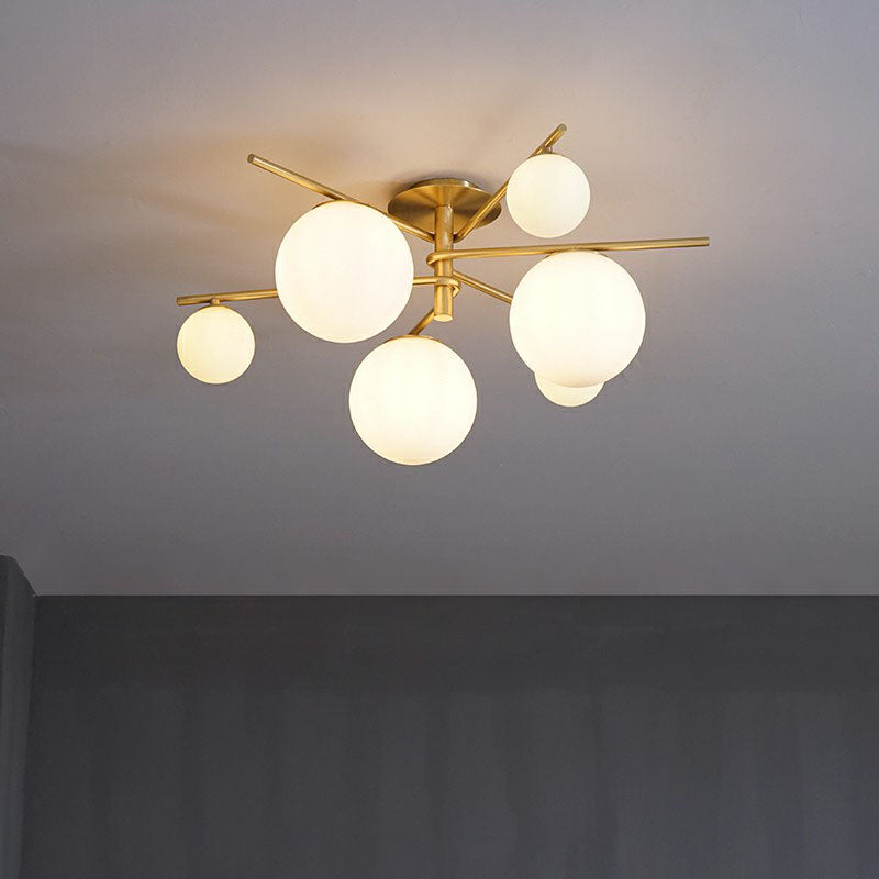 Simplicity 6-Light Semi Flush Mount Lamp Gold Sputnik Ceiling Light with Ball White Glass Shade Gold Clearhalo 'Ceiling Lights' 'Close To Ceiling Lights' 'Close to ceiling' 'Semi-flushmount' Lighting' 2266196