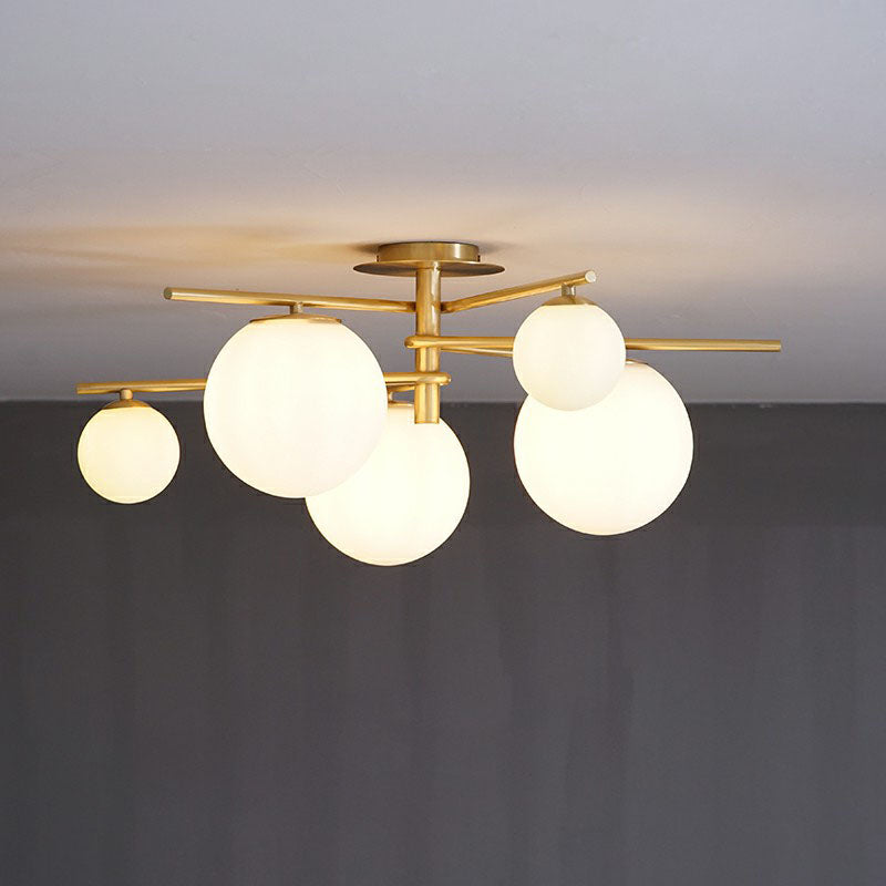 Simplicity 6-Light Semi Flush Mount Lamp Gold Sputnik Ceiling Light with Ball White Glass Shade Clearhalo 'Ceiling Lights' 'Close To Ceiling Lights' 'Close to ceiling' 'Semi-flushmount' Lighting' 2266197