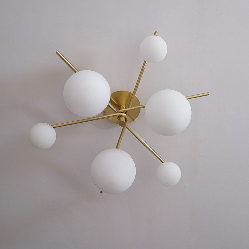 Simplicity 6-Light Semi Flush Mount Lamp Gold Sputnik Ceiling Light with Ball White Glass Shade Clearhalo 'Ceiling Lights' 'Close To Ceiling Lights' 'Close to ceiling' 'Semi-flushmount' Lighting' 2266198