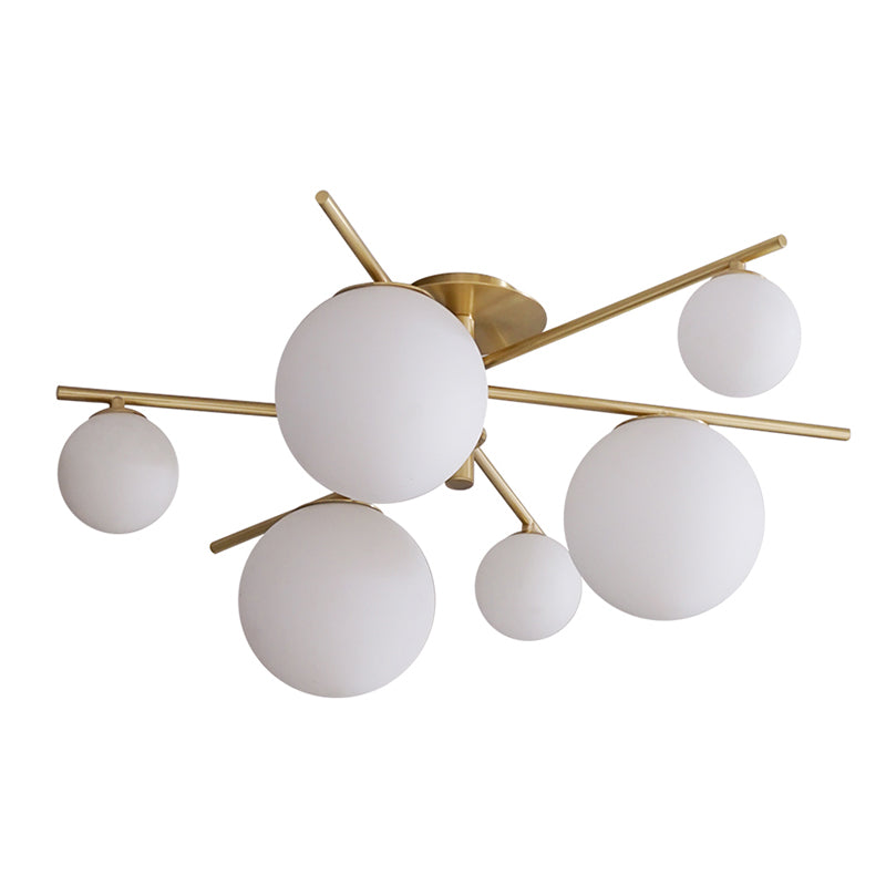 Simplicity 6-Light Semi Flush Mount Lamp Gold Sputnik Ceiling Light with Ball White Glass Shade Clearhalo 'Ceiling Lights' 'Close To Ceiling Lights' 'Close to ceiling' 'Semi-flushmount' Lighting' 2266200