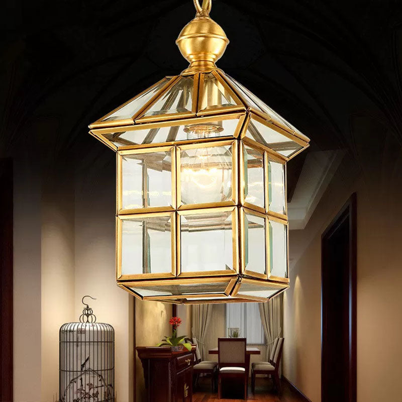 Traditional House Shaped Pendant Light Clear Glass Hanging Lamp in Brass for Foyer Clearhalo 'Ceiling Lights' 'Pendant Lights' 'Pendants' Lighting' 2267710