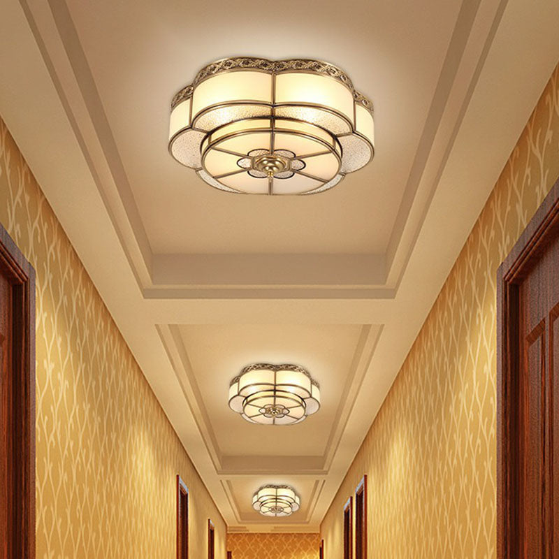 Flower Corridor Ceiling Mount Lamp Traditional Frost Glass Brass Finish Flush Light Fixture Clearhalo 'Ceiling Lights' 'Close To Ceiling Lights' 'Close to ceiling' 'Flush mount' Lighting' 2267735