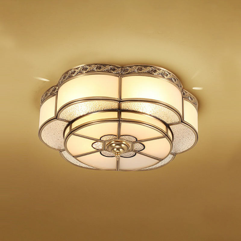 Flower Corridor Ceiling Mount Lamp Traditional Frost Glass Brass Finish Flush Light Fixture 3 Brass Clearhalo 'Ceiling Lights' 'Close To Ceiling Lights' 'Close to ceiling' 'Flush mount' Lighting' 2267736