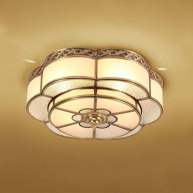 Flower Corridor Ceiling Mount Lamp Traditional Frost Glass Brass Finish Flush Light Fixture 4 Brass Clearhalo 'Ceiling Lights' 'Close To Ceiling Lights' 'Close to ceiling' 'Flush mount' Lighting' 2267737