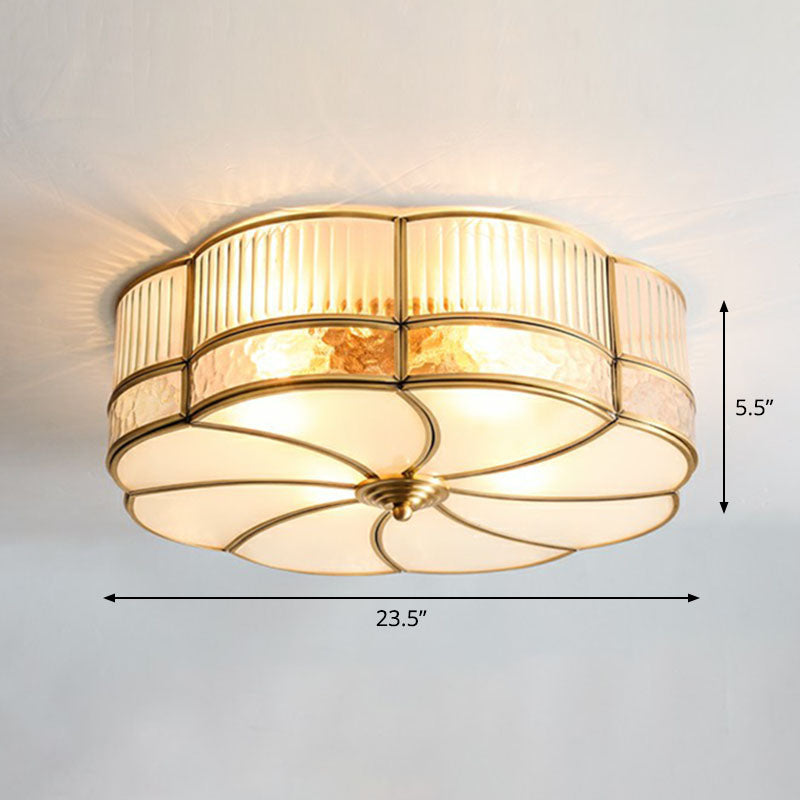 Ribbed Glass Brass Ceiling Light Flower Shaped Minimalist Flush Mount Light Fixture 6 Brass Clearhalo 'Ceiling Lights' 'Close To Ceiling Lights' 'Close to ceiling' 'Flush mount' Lighting' 2267747