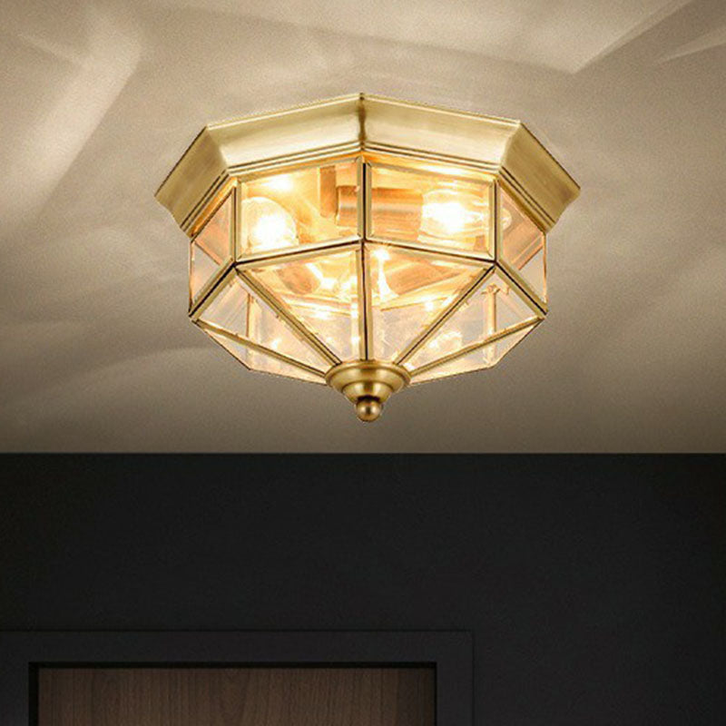 Octagonal Foyer Flush Ceiling Light Antique Glass 3-Bulb Brass Finish Flushmount Lighting Clearhalo 'Ceiling Lights' 'Close To Ceiling Lights' 'Close to ceiling' 'Flush mount' Lighting' 2267890