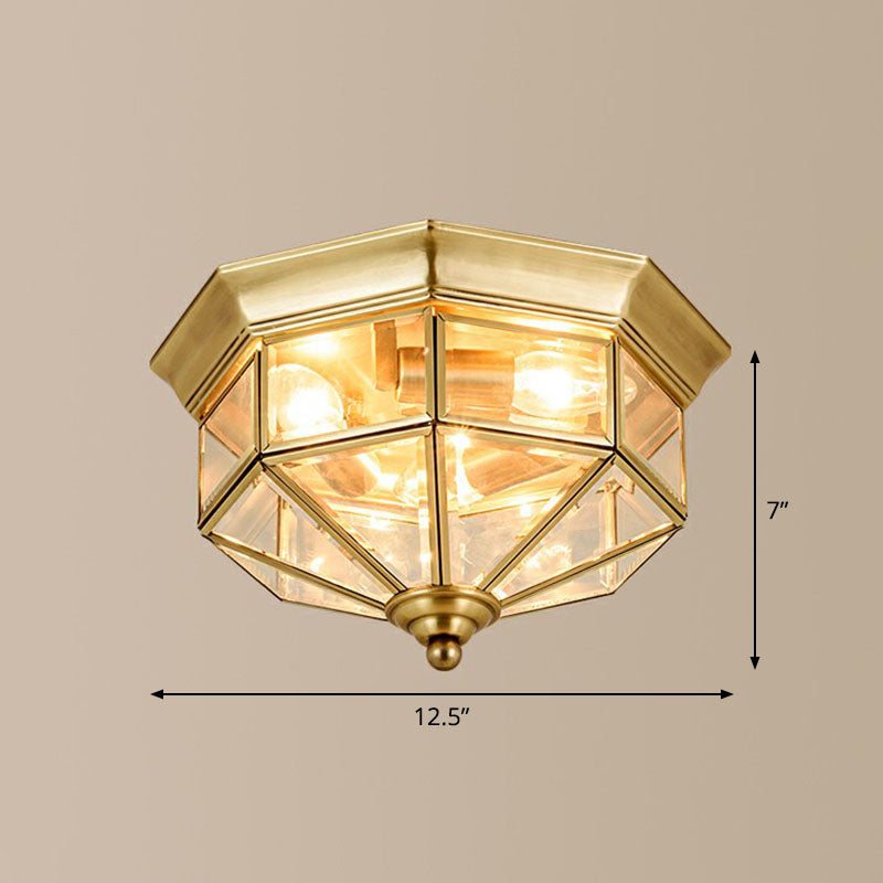 Octagonal Foyer Flush Ceiling Light Antique Glass 3-Bulb Brass Finish Flushmount Lighting Clearhalo 'Ceiling Lights' 'Close To Ceiling Lights' 'Close to ceiling' 'Flush mount' Lighting' 2267893