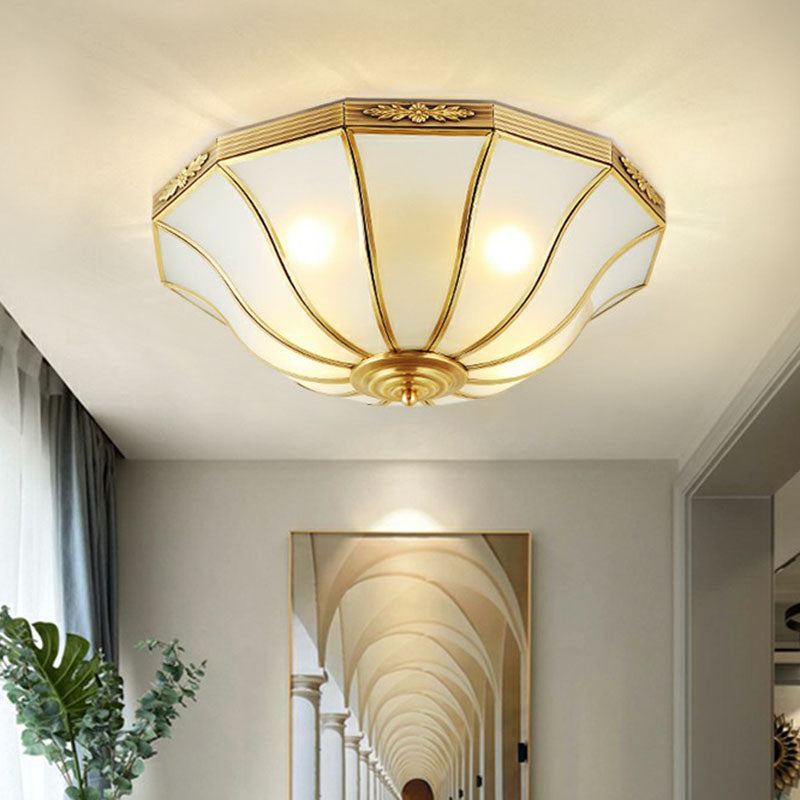 Traditional Bell Shaped Flush Mount Lamp Opaline Glass Flush Ceiling Light in Brass for Corridor Brass Clearhalo 'Ceiling Lights' 'Close To Ceiling Lights' 'Close to ceiling' 'Flush mount' Lighting' 2267901