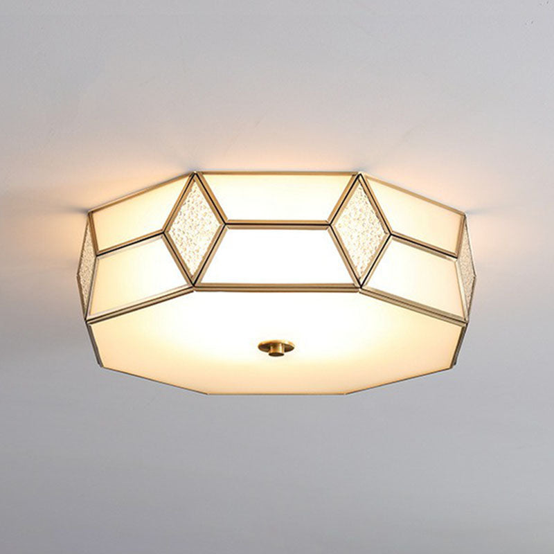 Geometric Ceiling Mounted Fixture Minimalistic Brass Frost Glass Flush Mount Light for Bedroom Beige 18