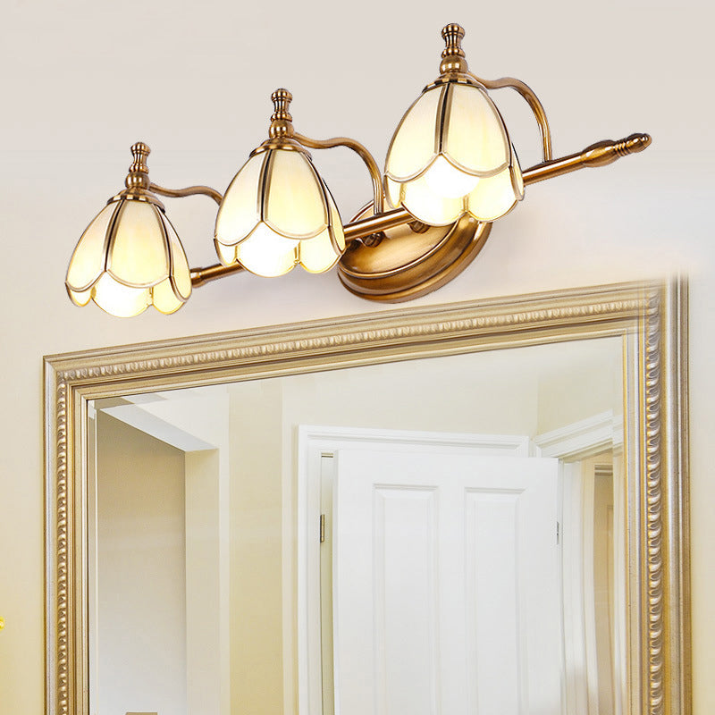 Beveled Glass Floral Wall Lighting Ideas Vintage 3 Bulbs Bathroom Vanity Sconce Light in Brass Brass Clearhalo 'Vanity Lights' 'Wall Lights' Lighting' 2267958