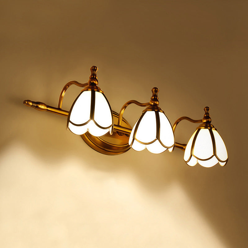 Beveled Glass Floral Wall Lighting Ideas Vintage 3 Bulbs Bathroom Vanity Sconce Light in Brass Clearhalo 'Vanity Lights' 'Wall Lights' Lighting' 2267959