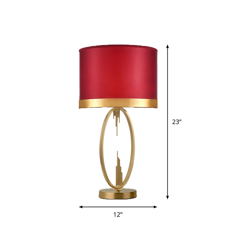 Round Fabric Table Light Traditional Single Living Room Nightstand Lighting in Brass Red 12