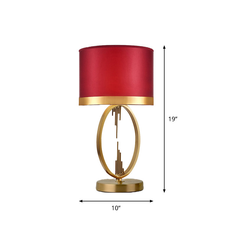 Round Fabric Table Light Traditional Single Living Room Nightstand Lighting in Brass Red 10