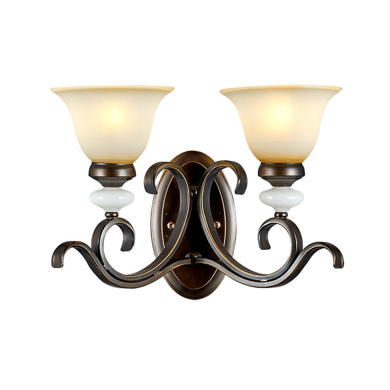 1/2-Light Bell Wall Light Antique Style Black Frosted Glass Wall Sconce with Curvy Arm for Bedroom Clearhalo 'Wall Lamps & Sconces' 'Wall Lights' Lighting' 226803