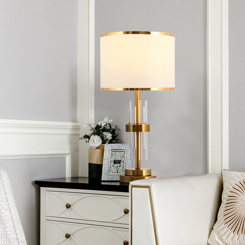 Drum Fabric Nightstand Lamp Vintage Single-Bulb Study Room Table Lighting with Crystal Rod in White Clearhalo 'Lamps' 'Table Lamps' Lighting' 2268048