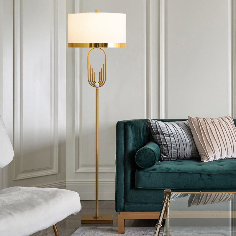 Fabric Drum Floor Lamp Vintage Single-Bulb Living Room Standing Lighting in Brass Clearhalo 'Floor Lamps' 'Lamps' Lighting' 2268110