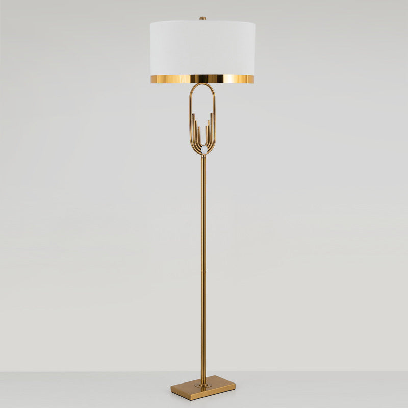 Fabric Drum Floor Lamp Vintage Single-Bulb Living Room Standing Lighting in Brass Clearhalo 'Floor Lamps' 'Lamps' Lighting' 2268112