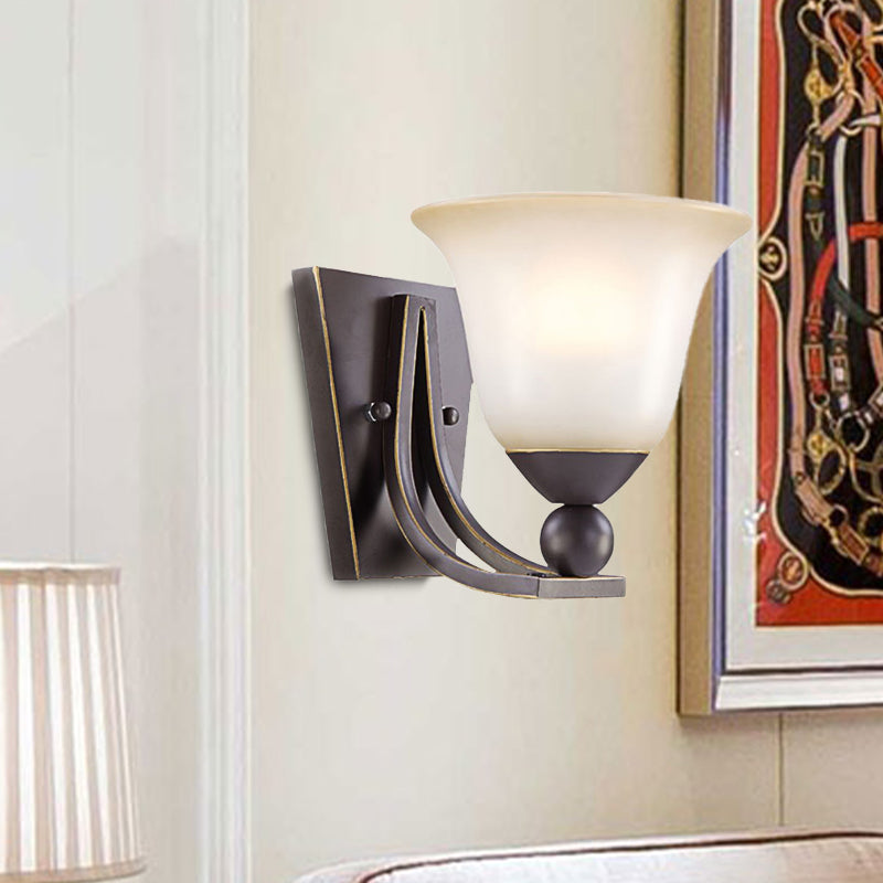 Single Bulb Wall Light Traditional Flared Frosted Glass Shade Sconce Light in Black for Bedroom Clearhalo 'Wall Lamps & Sconces' 'Wall Lights' Lighting' 226812