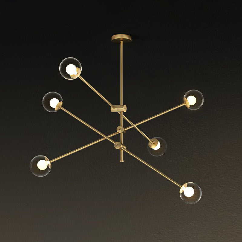 Metal Swivel Arm Hanging Lamp Minimalist Brass Finish Chandelier with Ball Glass Shade 6 Clear Clearhalo 'Ceiling Lights' 'Chandeliers' 'Clear' 'Industrial' 'Modern Chandeliers' 'Modern' 'Tiffany' 'Traditional Chandeliers' Lighting' 2268239