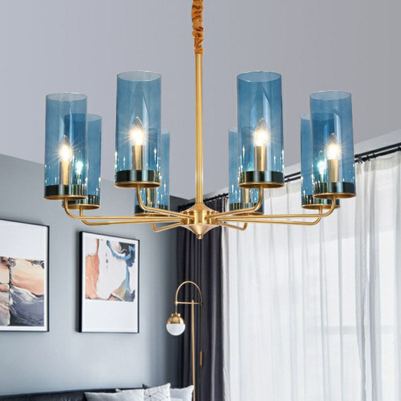 Postmodern Tubular Up Chandelier Glass Living Room Hanging Pendant Light in Brass 8 Blue Clearhalo 'Ceiling Lights' 'Chandeliers' 'Modern Chandeliers' 'Modern' Lighting' 2268314