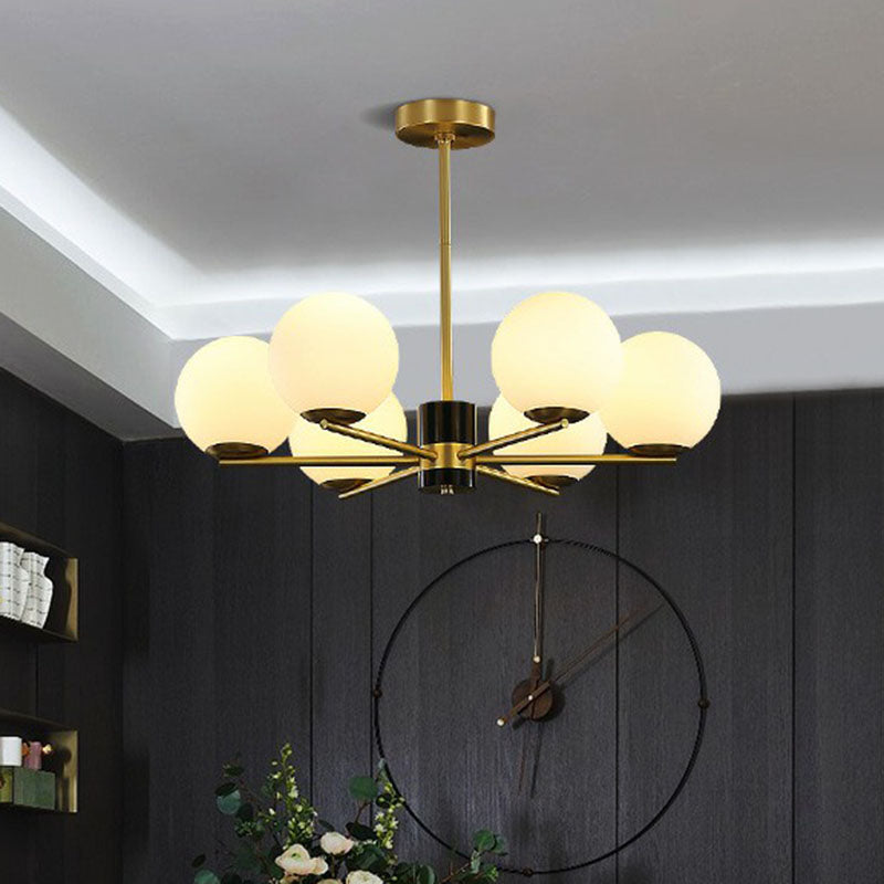 Milk Glass Globe Up Chandelier Postmodernism Gold Finish Hanging Light with Radial Design Clearhalo 'Ceiling Lights' 'Chandeliers' 'Modern Chandeliers' 'Modern' Lighting' 2268319