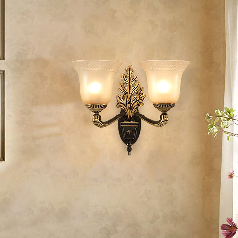 Bell Bedroom Sconce Light Fixture Rustic Frosted Glass 1/2-Light Black-Gold Wall Lamp with Carved Arm Clearhalo 'Wall Lamps & Sconces' 'Wall Lights' Lighting' 226837