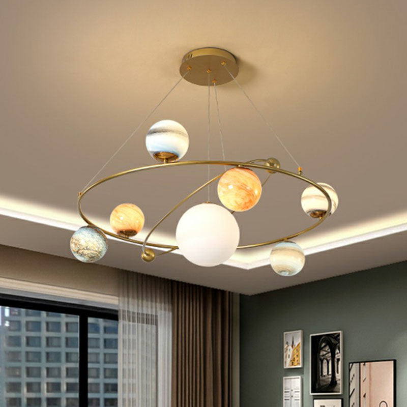 Glass Planet Hanging Lamp Postmodern Brass Finish Chandelier Light for Living Room Clearhalo 'Ceiling Lights' 'Chandeliers' 'Modern Chandeliers' 'Modern' Lighting' 2268377