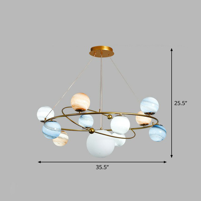 Glass Planet Hanging Lamp Postmodern Brass Finish Chandelier Light for Living Room 11 Blue Clearhalo 'Ceiling Lights' 'Chandeliers' 'Modern Chandeliers' 'Modern' Lighting' 2268378