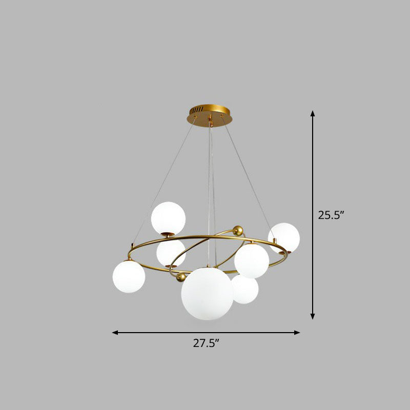 Glass Planet Hanging Lamp Postmodern Brass Finish Chandelier Light for Living Room 7 White Clearhalo 'Ceiling Lights' 'Chandeliers' 'Modern Chandeliers' 'Modern' Lighting' 2268383