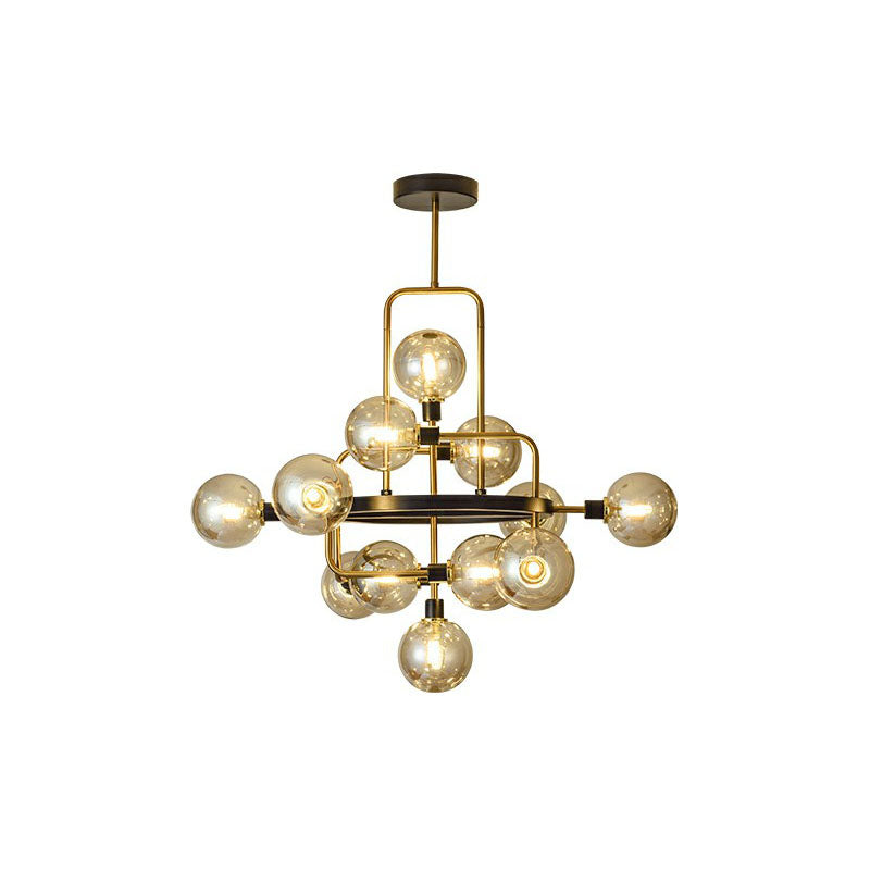 Glass 3D Atomic Chandelier Postmodern 12-Bulb Black and Brass Suspension Light Fixture Amber Clearhalo 'Ceiling Lights' 'Chandeliers' 'Modern Chandeliers' 'Modern' Lighting' 2268427