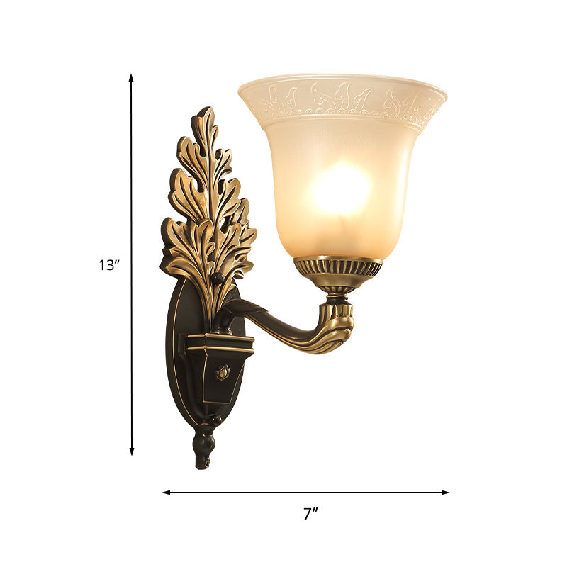 Bell Bedroom Sconce Light Fixture Rustic Frosted Glass 1/2-Light Black-Gold Wall Lamp with Carved Arm Clearhalo 'Wall Lamps & Sconces' 'Wall Lights' Lighting' 226844