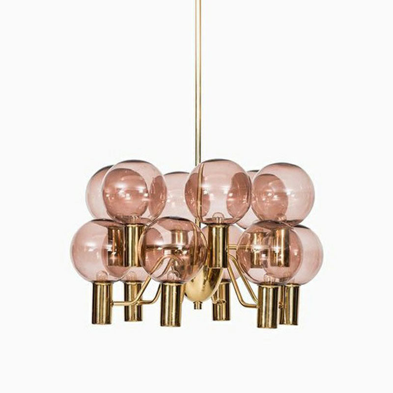 Postmodern Style 12-Light Chandelier Brass Plated Ball Ceiling Hang Lamp with Glass Shade Pink Clearhalo 'Ceiling Lights' 'Chandeliers' 'Modern Chandeliers' 'Modern' Lighting' 2268495