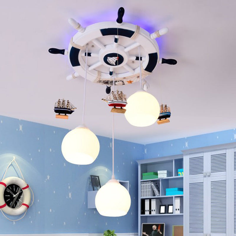 Globe Flush Ceiling Light Cartoon Cream Glass 3 Bulbs Child Room LED Flush Mount Lighting with Rudder Decor White Clearhalo 'Ceiling Lights' 'Close To Ceiling Lights' 'Close to ceiling' 'Flush mount' Lighting' 2268502