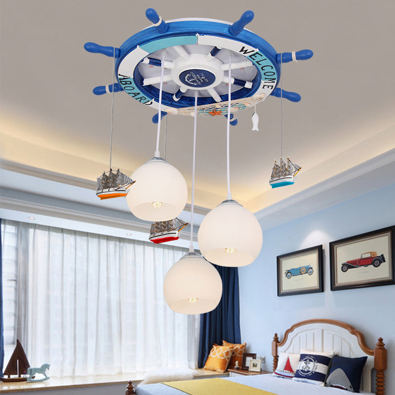 Globe Flush Ceiling Light Cartoon Cream Glass 3 Bulbs Child Room LED Flush Mount Lighting with Rudder Decor Blue Clearhalo 'Ceiling Lights' 'Close To Ceiling Lights' 'Close to ceiling' 'Flush mount' Lighting' 2268503