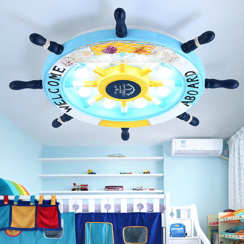 Rudder Wooden Flushmount Lighting Kids Style 8-Bulb LED Flush Ceiling Light with Fishnet Deco Clearhalo 'Ceiling Lights' 'Close To Ceiling Lights' 'Close to ceiling' 'Flush mount' Lighting' 2268609