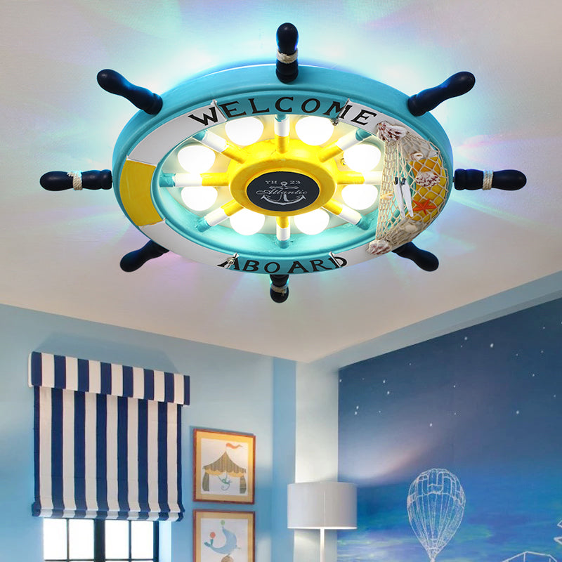 Pirate Ship Rudder Kids Bedroom Ceiling Lamp Wood Mediterranean LED Flush Mount Lighting Yellow Clearhalo 'Ceiling Lights' 'Close To Ceiling Lights' 'Close to ceiling' 'Flush mount' Lighting' 2268618