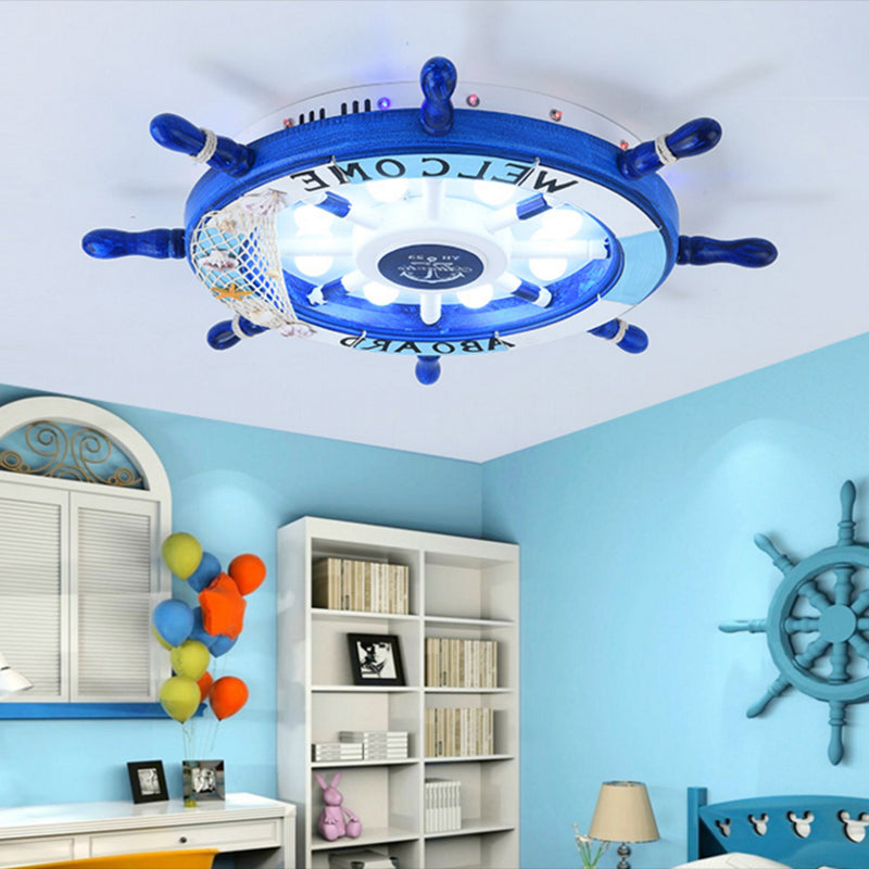 Pirate Ship Rudder Kids Bedroom Ceiling Lamp Wood Mediterranean LED Flush Mount Lighting Blue Clearhalo 'Ceiling Lights' 'Close To Ceiling Lights' 'Close to ceiling' 'Flush mount' Lighting' 2268619