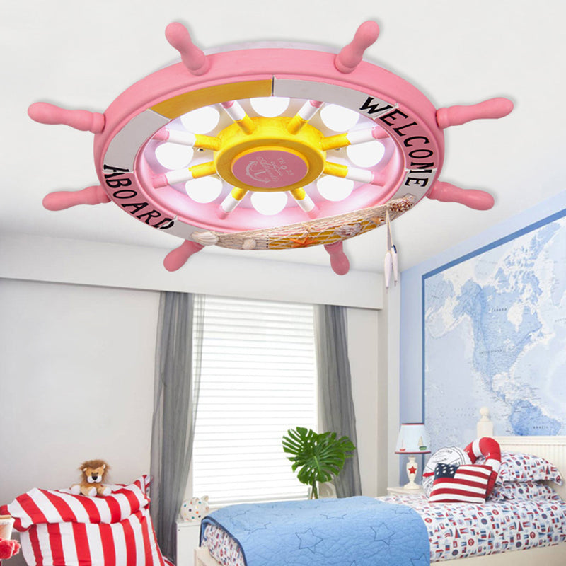 Pirate Ship Rudder Kids Bedroom Ceiling Lamp Wood Mediterranean LED Flush Mount Lighting Clearhalo 'Ceiling Lights' 'Close To Ceiling Lights' 'Close to ceiling' 'Flush mount' Lighting' 2268623