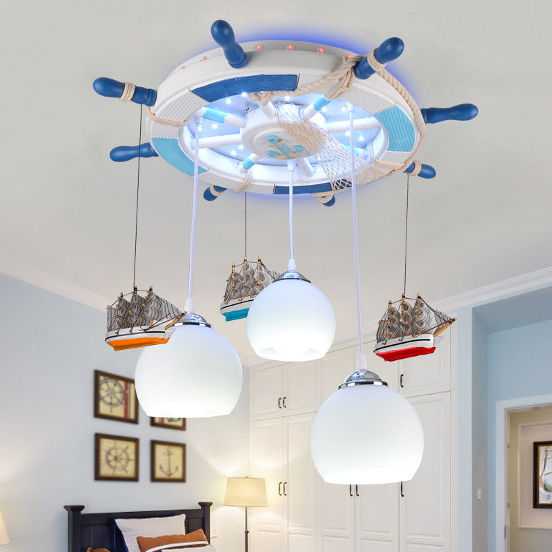 Cream Glass Dome Ceiling Light Cartoon 3 Bulbs White Flush Mounted Light with Rudder Canopy Clearhalo 'Ceiling Lights' 'Close To Ceiling Lights' 'Close to ceiling' 'Flush mount' Lighting' 2268631